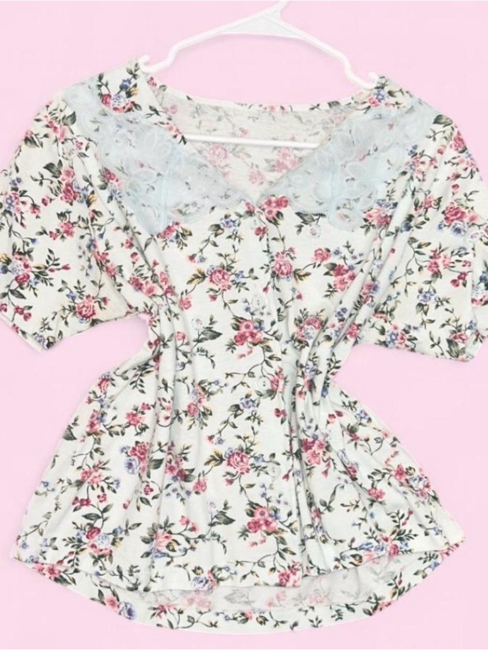 Vintage Coquette Floral Lace-Trim Short Sleeve Blouse